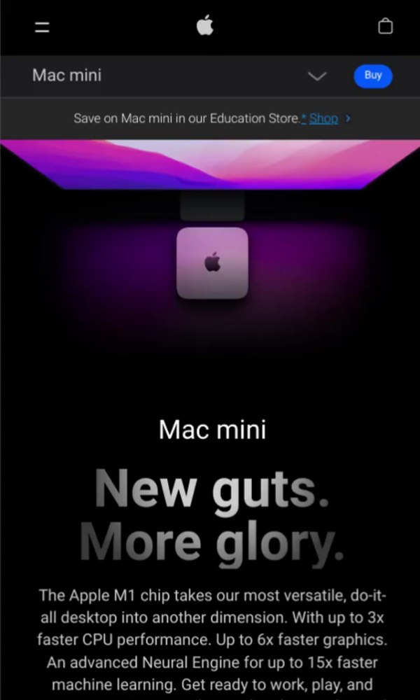 Mac Mini landing on Mobile showcasing how the top nav menu is opened with a tap on the burger icon