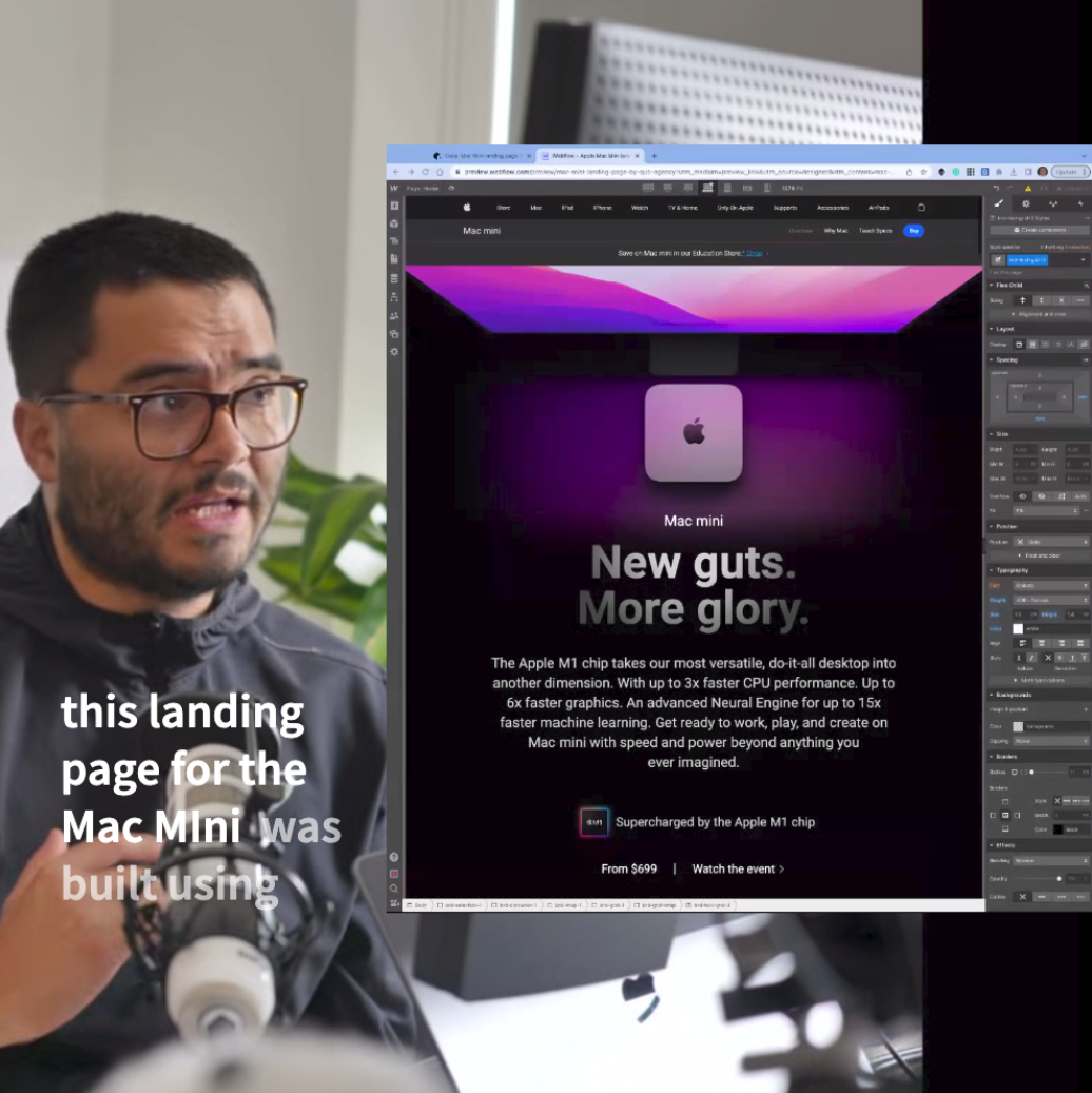 Diego is hosting a presentation of the Webflow backstage for the Mac Mini landing page